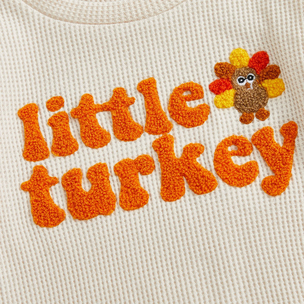 Toddler Baby Boys Thanksgiving Outfit Turkey Letter Embroidery Long Sleeve Pullover Elastic Waist Solid Pants 2Pcs Waffled Set