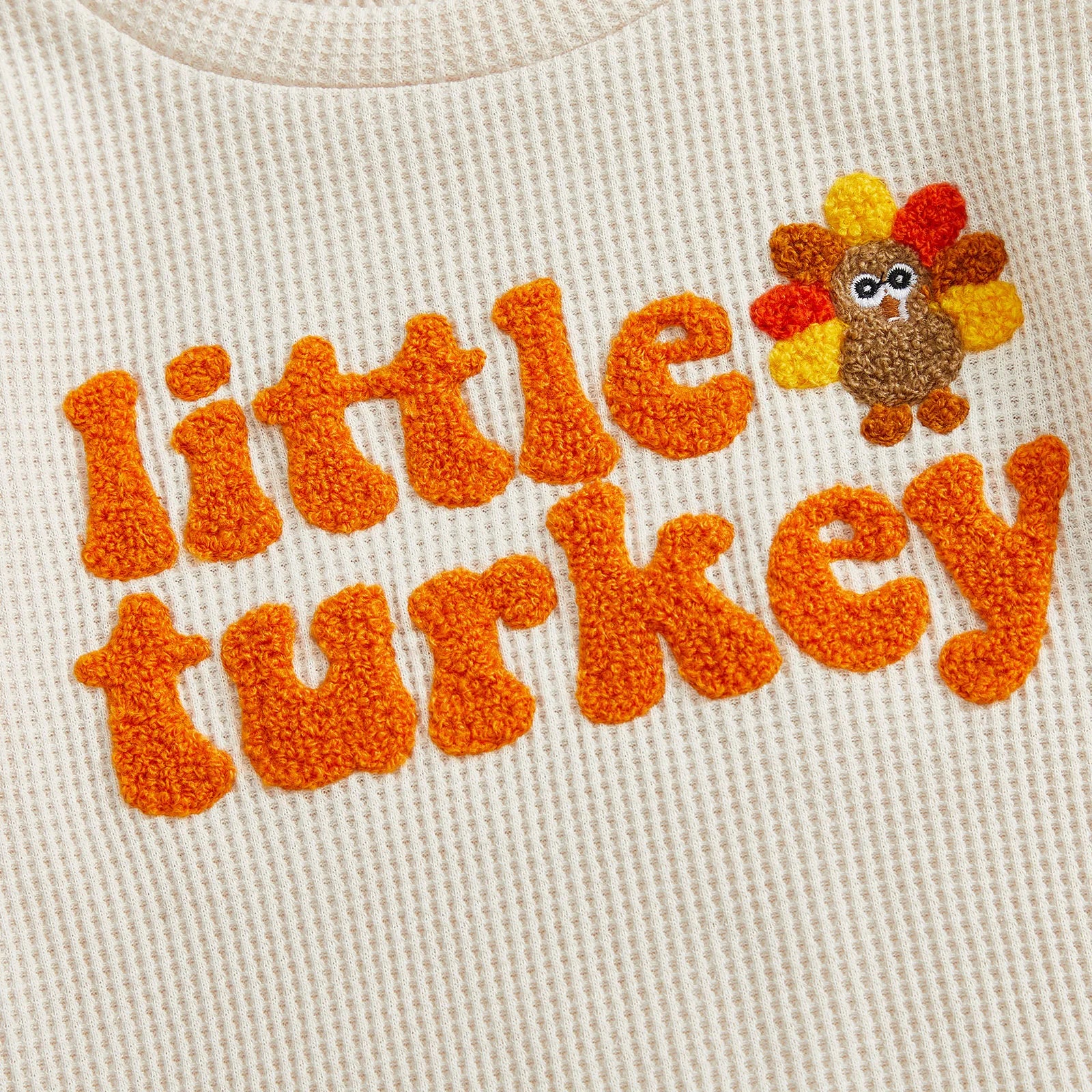 Toddler Baby Boys Thanksgiving Outfit Turkey Letter Embroidery Long Sleeve Pullover Elastic Waist Solid Pants 2Pcs Waffled Set
