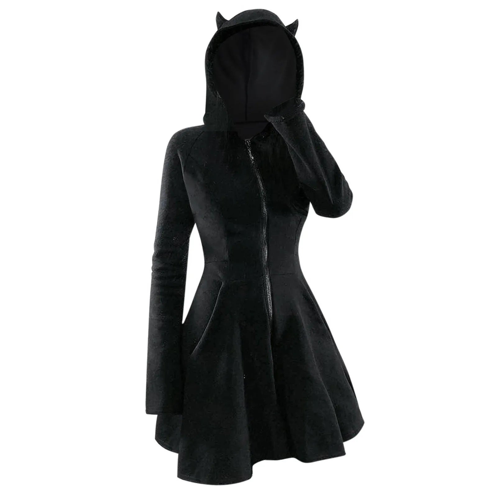 Y2k Gothic Zip Up Hooded Dress For Women Vintage Punk Long Sleeve Cat Ear Robe Harajuku Retro A Line Party Dresses Vestidos