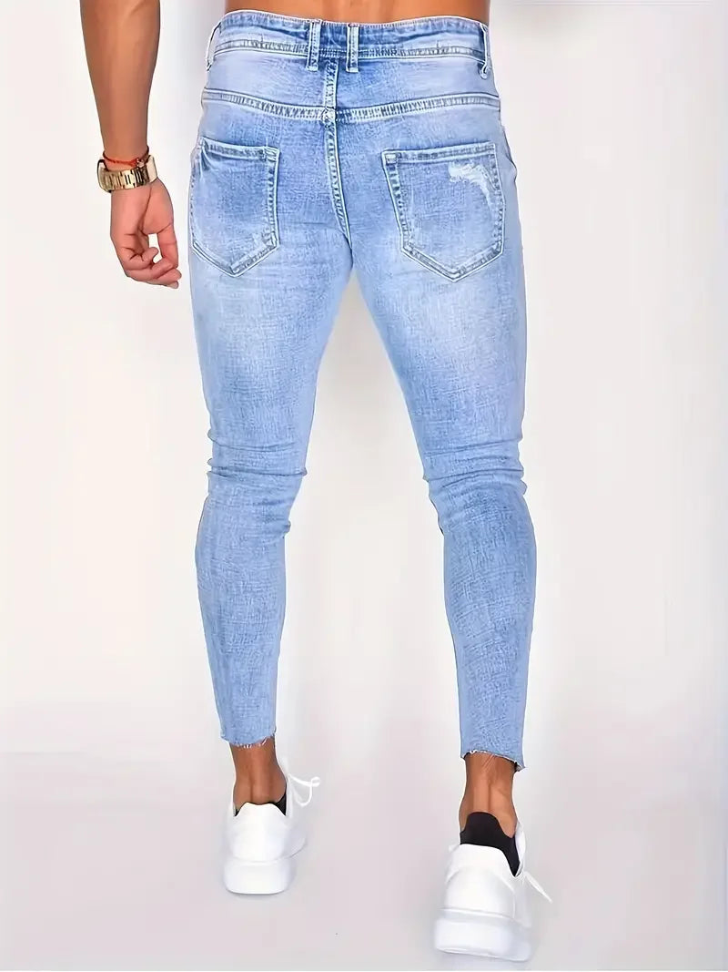 Men's Casual Slim Fit Ripped Jeans, Men's Versatile Street Style Denim Pants For All Seasons