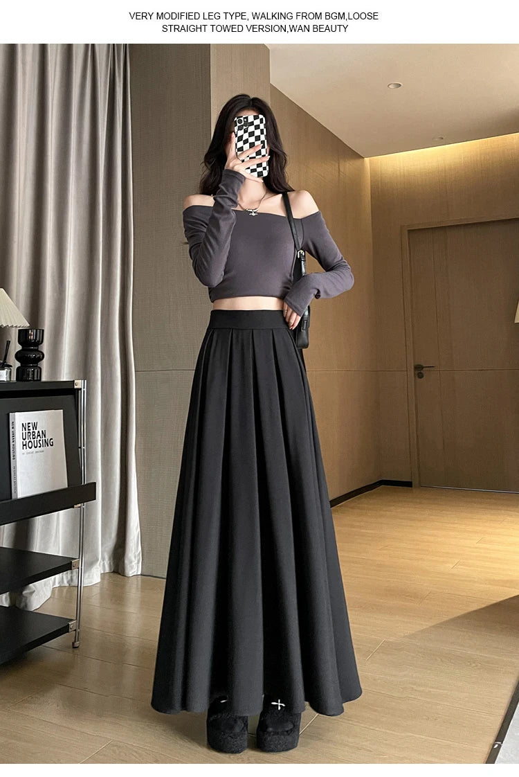 Beiyingni Women Long Suit Maxi Pleated Black Skirts Korean Fashion 2024 Autumn High Waist Slim A-line Skirt Ladies Gray Faldas