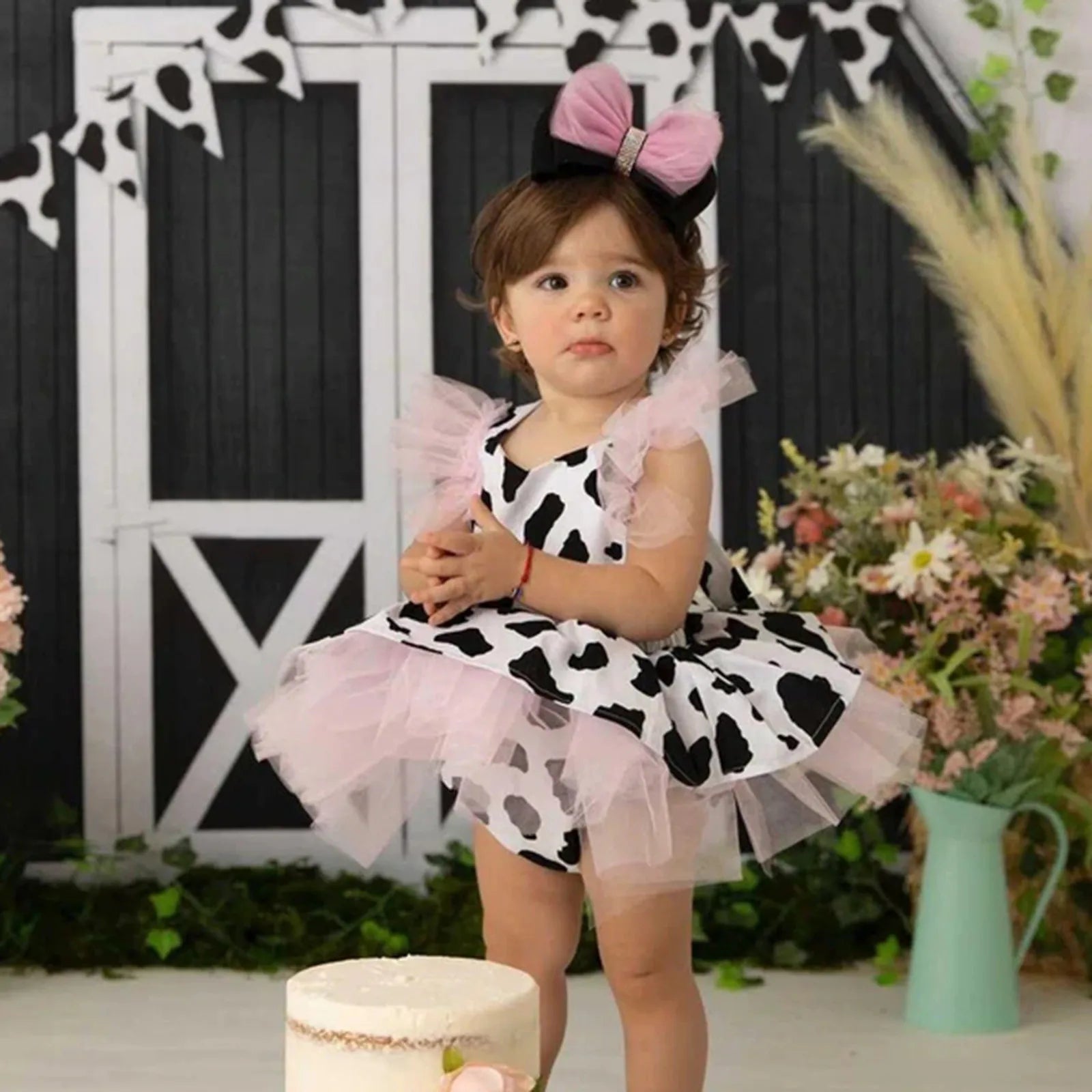 Toddler Baby Girls Romper Dress Infant Fashion Cute Cow Printed Tulle Clothes Newborn Sleeveless 3 6 Month Jumpsuit For Summer