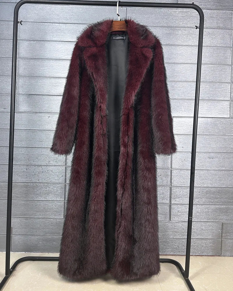 DEAT 2025 winter new fashion high quality Fox Faux Fur long Coat for Women Suit Collar solid color thick warm jacket 11A06914