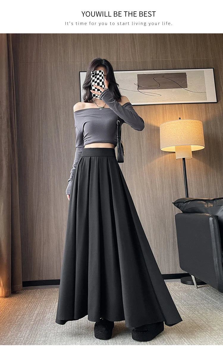 Beiyingni Women Long Suit Maxi Pleated Black Skirts Korean Fashion 2024 Autumn High Waist Slim A-line Skirt Ladies Gray Faldas