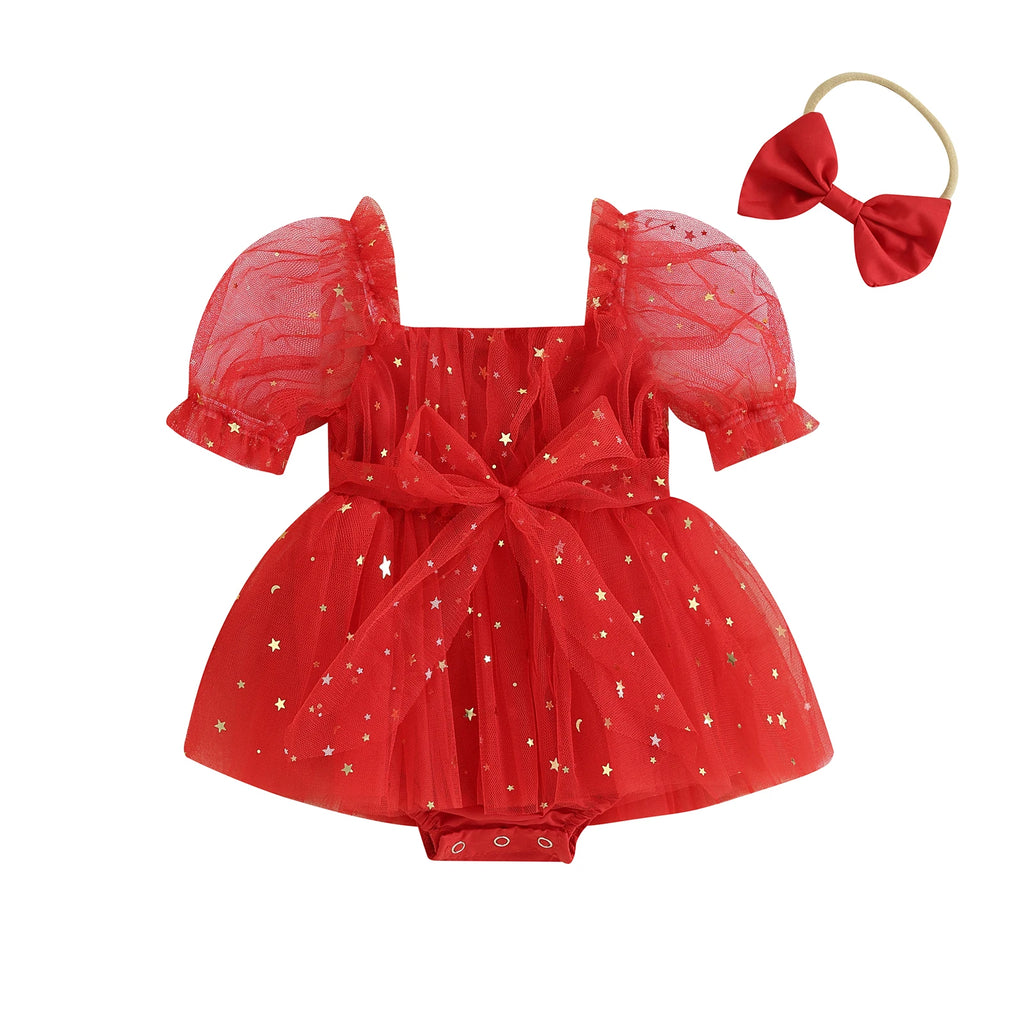 Citgeett Summer Christmas Infant Baby Girls Outfits Short Puff Sleeve Bodysuit Tulle Dress + Headband Set Red Xmas Clothes