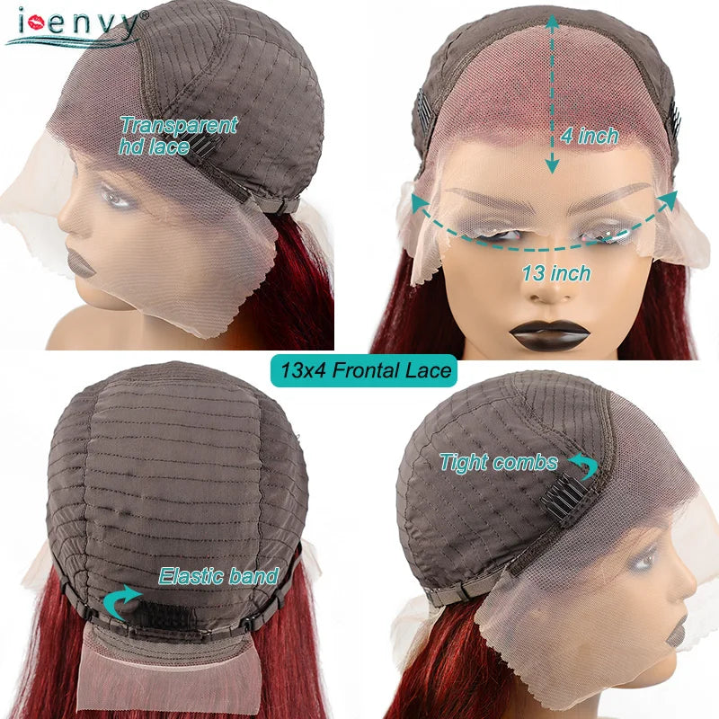 13X4 HD Transparent Lace Front Wigs Burgundy Red Human Hair Wigs PrePlucked 13X6 32Inch Body Wave Lace Front Wig For Women Curly