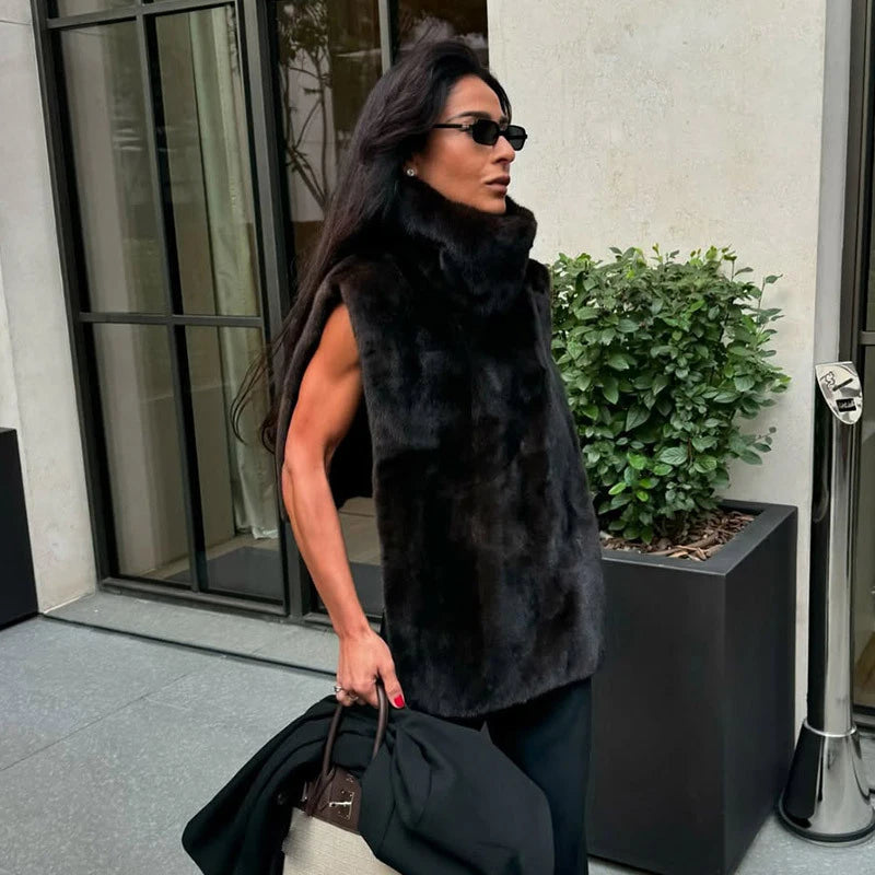 Vintage Brown Women's Faux Fur Vest Solid High Collar Sleeveless Thicken Female Waistcoat 2025 Autumn Winter New Lady Streetwear