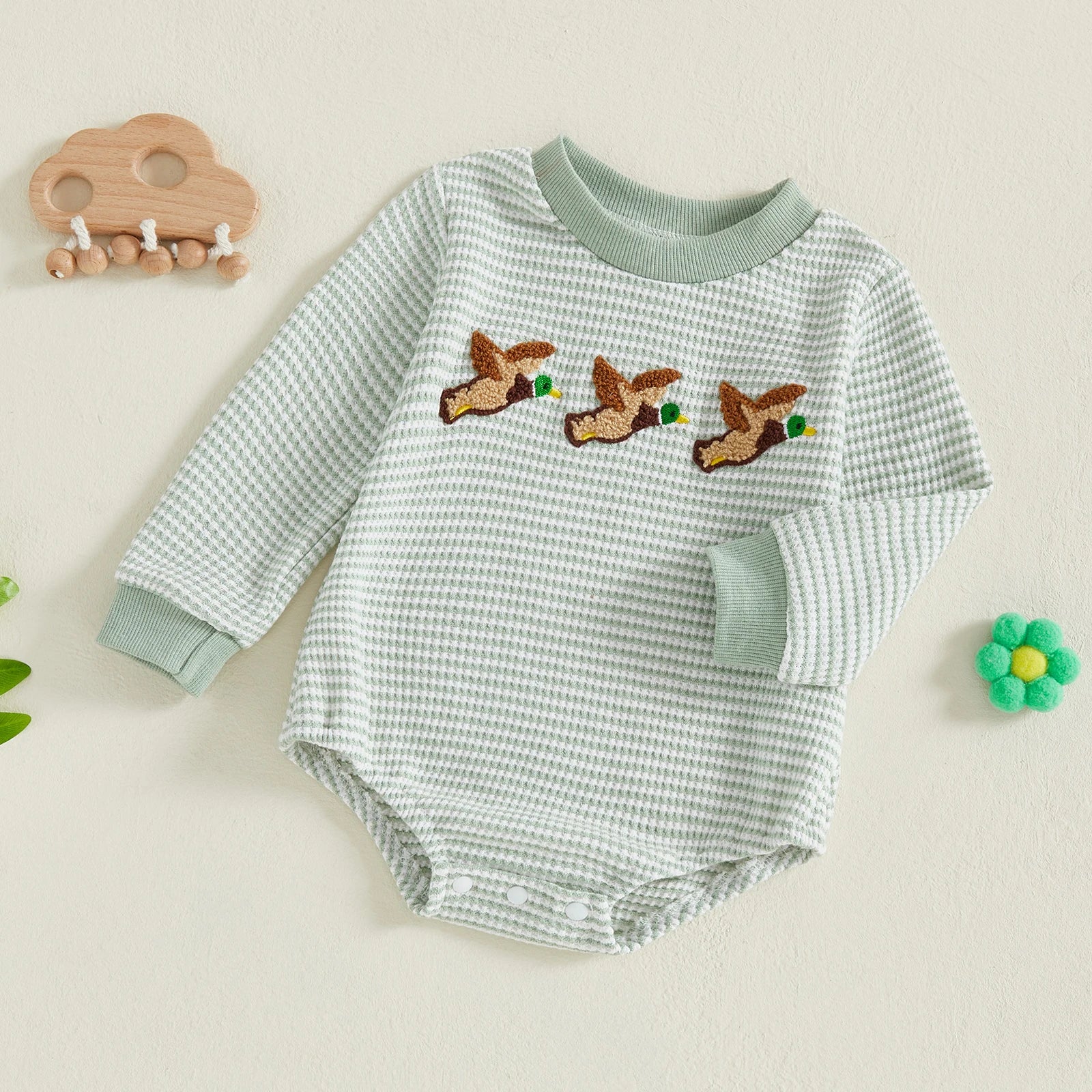 Lioraitiin Newborn Baby Boy Romper Long Sleeve Round Neck Duck Embroidery Bodysuit Fall Playsuit