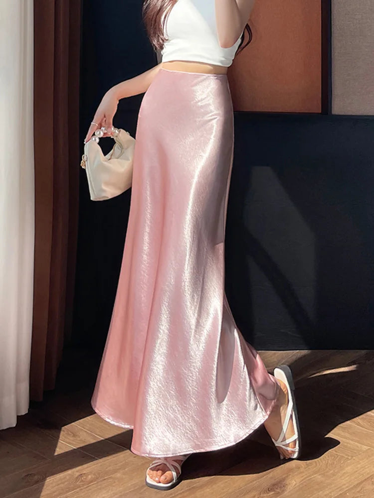 Zoki Chic Satin Elegant Long Skirt Women Casual Fashion High Waist Sweet Trumpet Skirts Slim Summer Female Korean Long Skirts