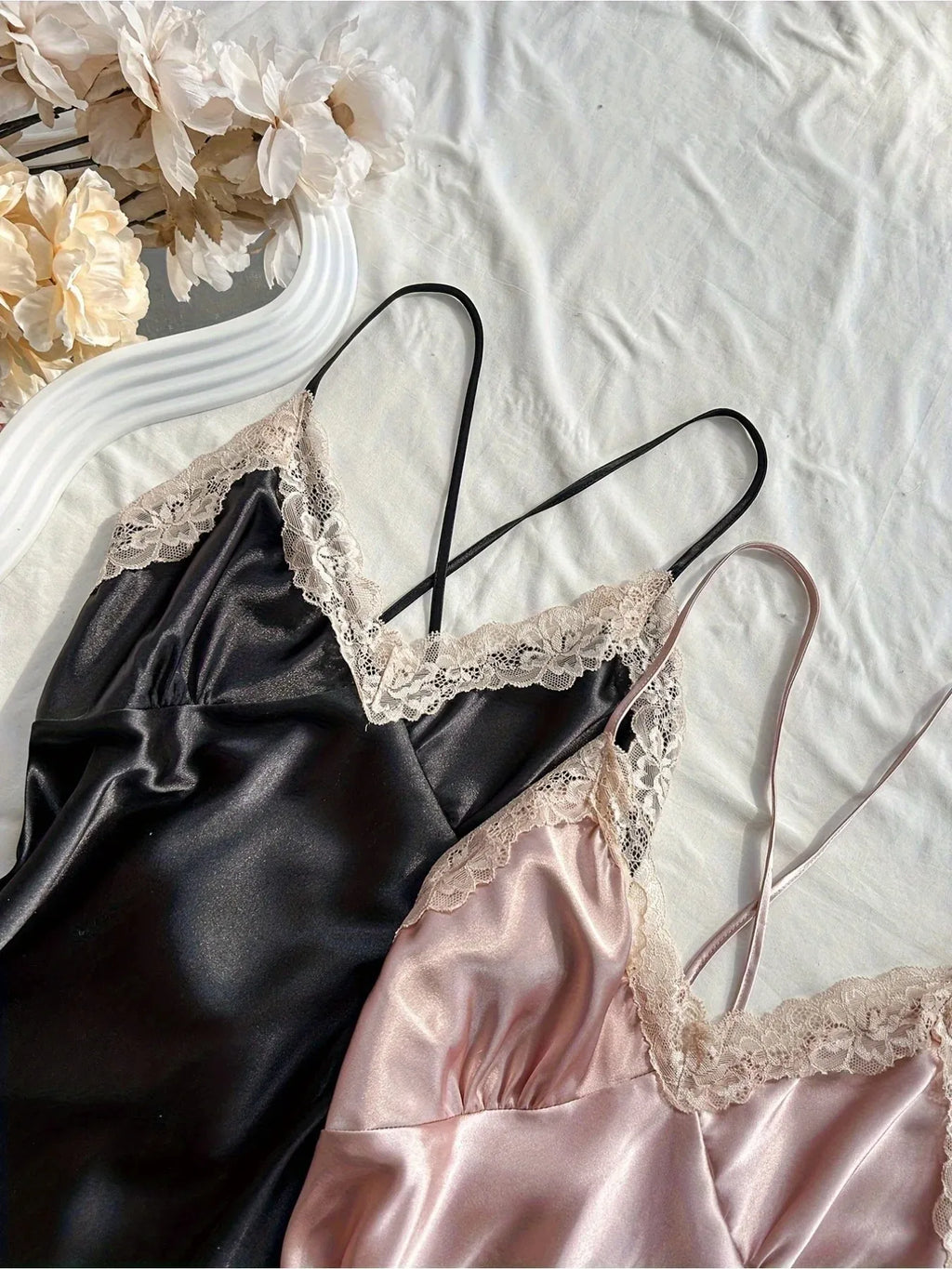 2Pcs Women's Satin Sleepwear Set Black & Blush, Ruched V-Neck Strapless Nightgown Lingerie Dress, All-Season Nightwear