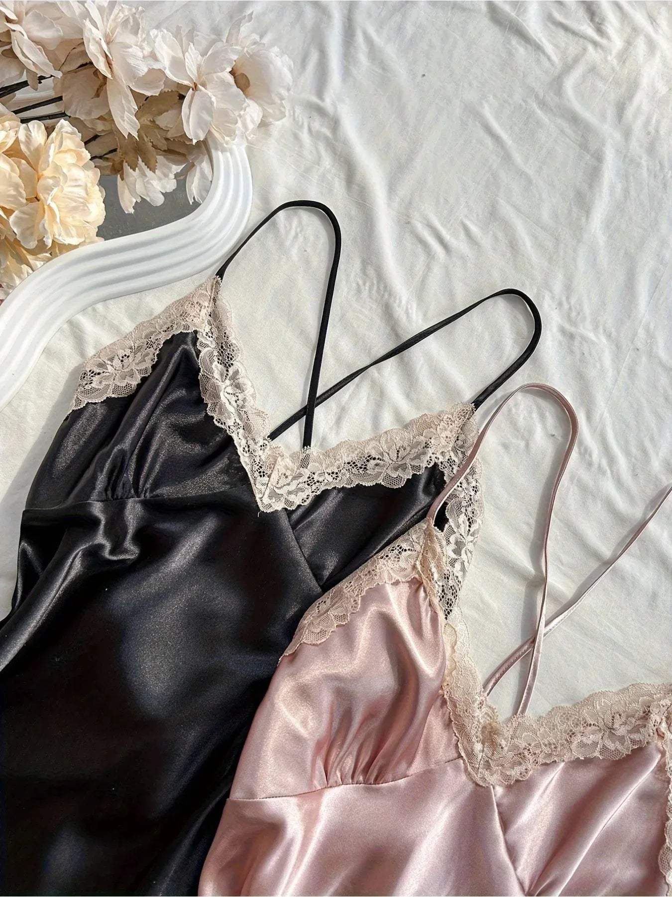 2Pcs Women's Satin Sleepwear Set Black & Blush, Ruched V-Neck Strapless Nightgown Lingerie Dress, All-Season Nightwear
