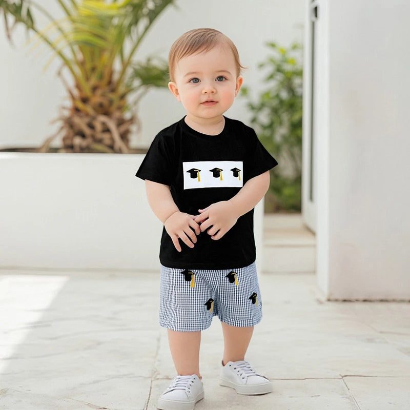 Cute 2 Piece Summer Outfits with Graduation Cap Embroidery Short Sleeve T-Shirt and Plaid Shorts Set for Baby Girl or Boy