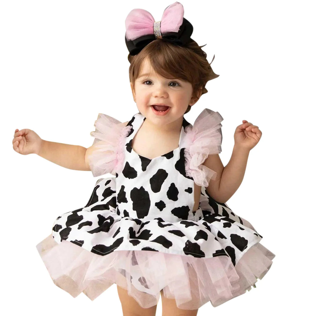 Toddler Baby Girls Romper Dress Infant Fashion Cute Cow Printed Tulle Clothes Newborn Sleeveless 3 6 Month Jumpsuit For Summer