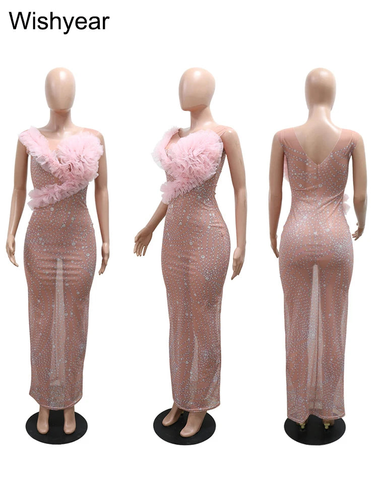 New Elegant Sheer Mesh Rhinestone Patchwork Pink Long Dress Women Sexy See Though 3D Flower Sleeveless Birthday Party Vestidos