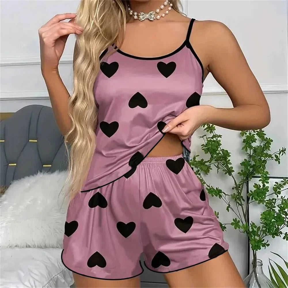 Ice Silk Pajamas for Women, Cute Heart Print Short Sleeve Sleepwear Set, Cool & Breathable for Hot Summer Nights pijama