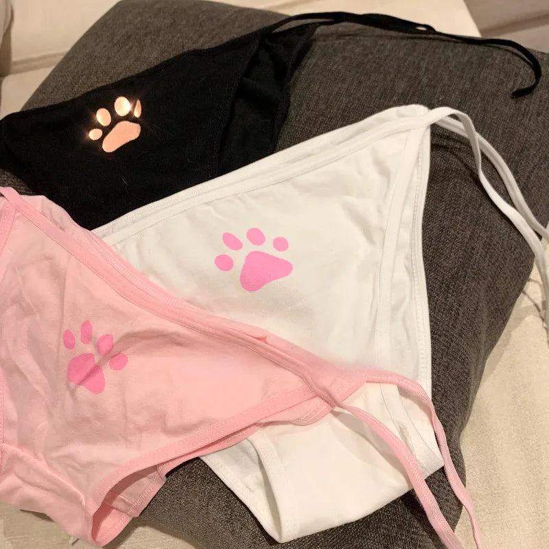 Sexy Underwear Women Cute Cat Paw Print Low-Waist Tie-Up Panties Japanese Style Anime Lolita Adjustable Strap Cotton Underpants