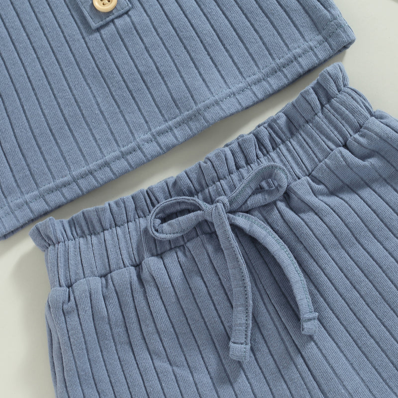 2023-02-14 Lioraitiin 0-4Years Toddler Girls 2Pcs Summer Outfit Sets Solid Button Vest Ribbed Drawstring Shorts