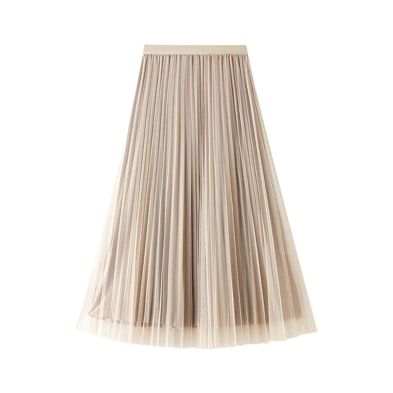 Luxury Velvet Pleated Skirts For Women 2024 Summer Fashion Women's High Waist Mesh Midi Skirt Female Elegant  Solid A-Line Skirt
