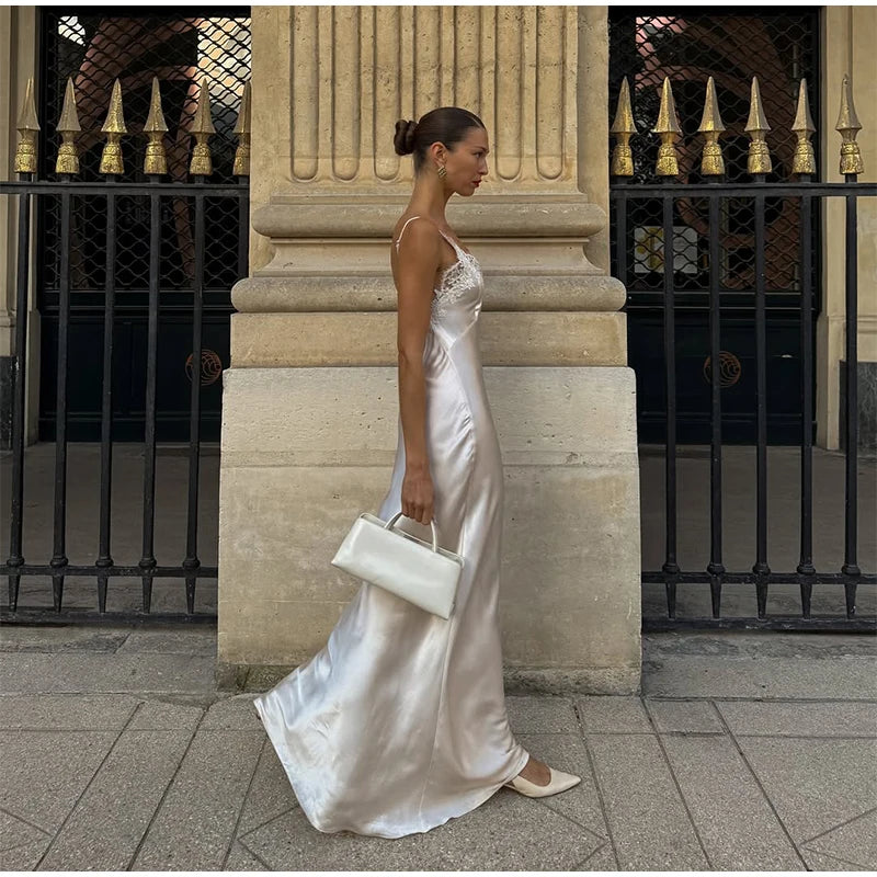 Lace Patchwork Sling Maxi Dress Women Sexy Solid V-neck Sleeveless Backless Satin Slim Dresses 2026 Lady Chic Party Evening Gown