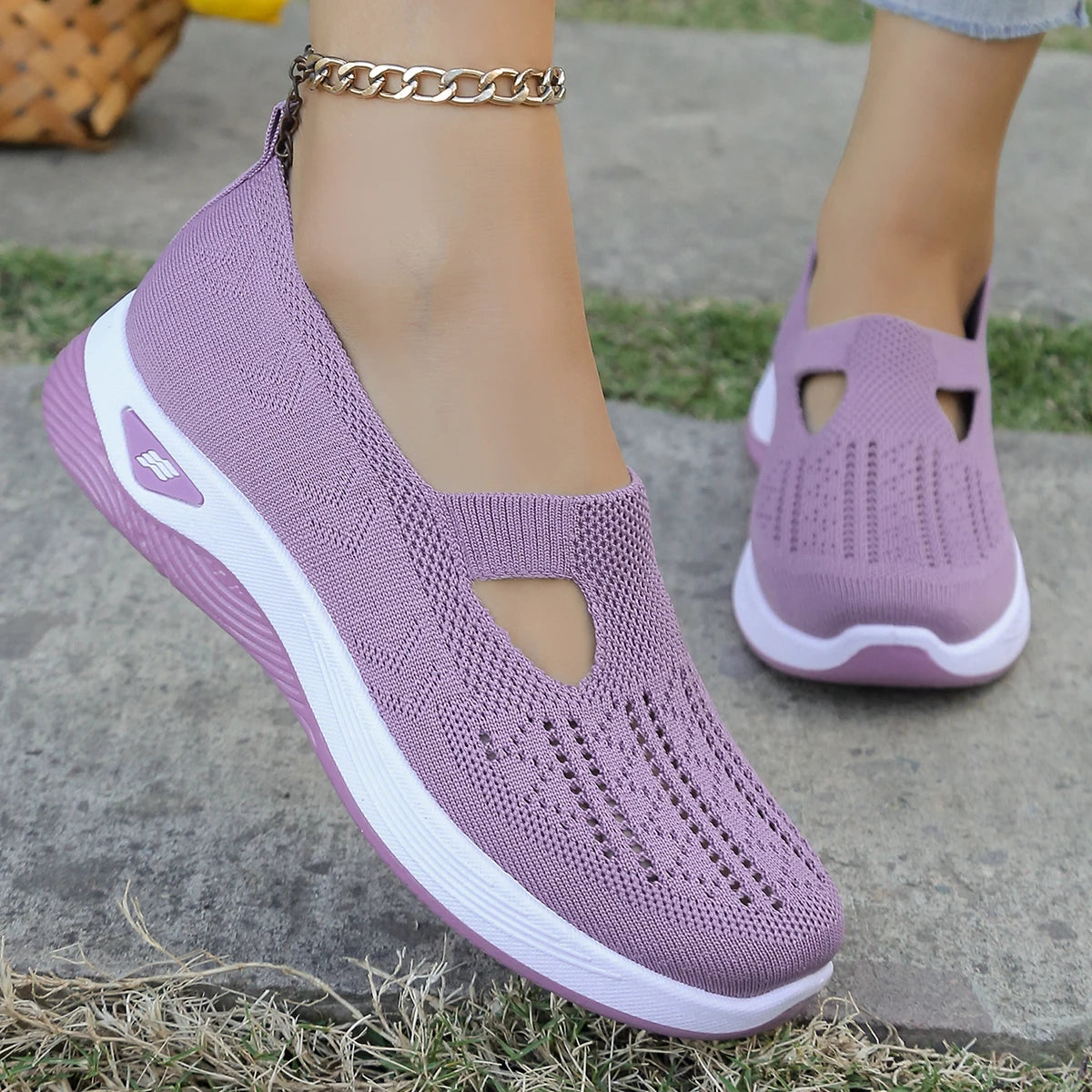 Women's shoes, women's casual shoes, solid color breathable sports shoes, soft-soled lightweight walking shoes, low-top knitted