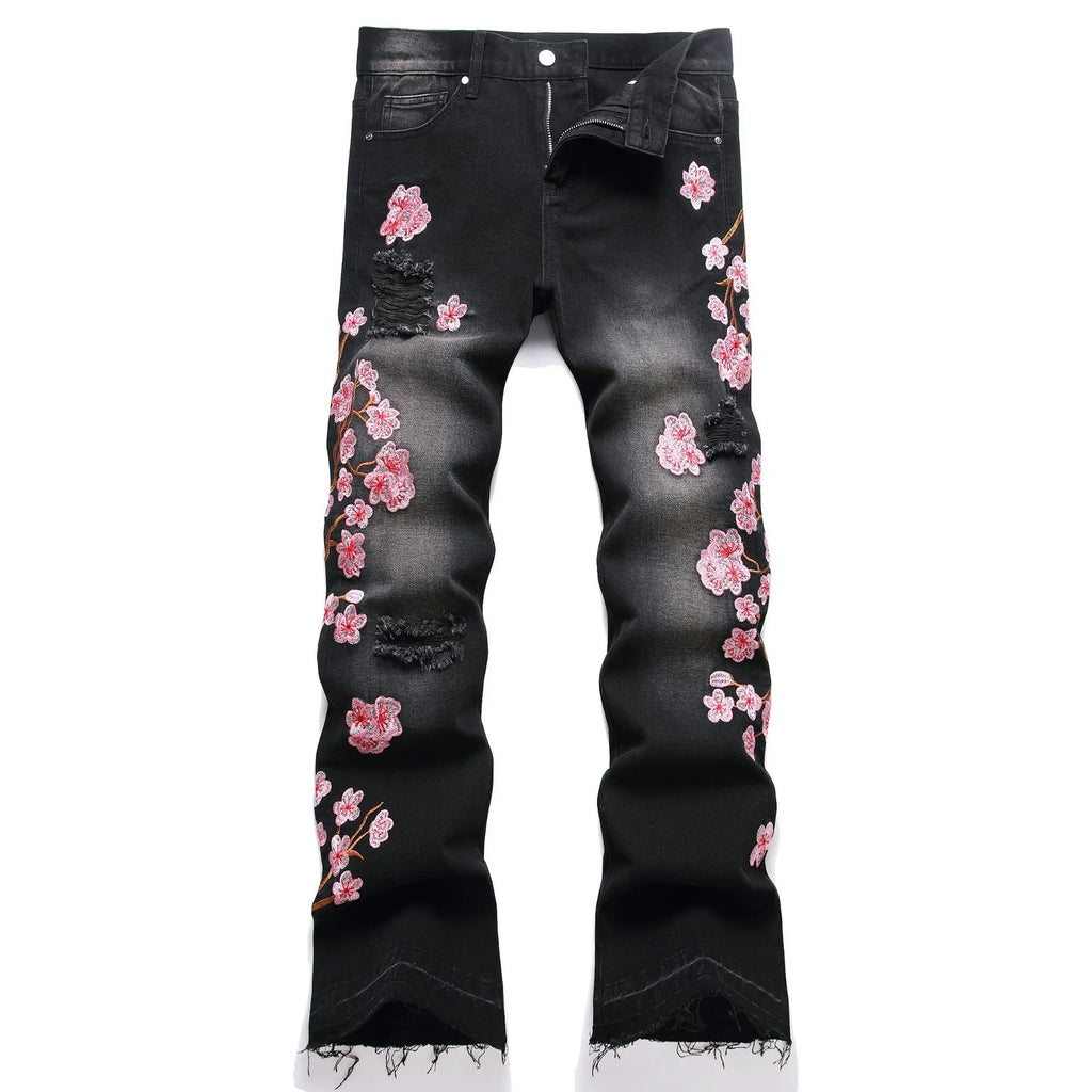 Men's high-street ripped jeans with floral embroidery patchwork, trendy street-style distressed flared jeans
