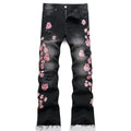 Men's high-street ripped jeans with floral embroidery patchwork, trendy street-style distressed flared jeans