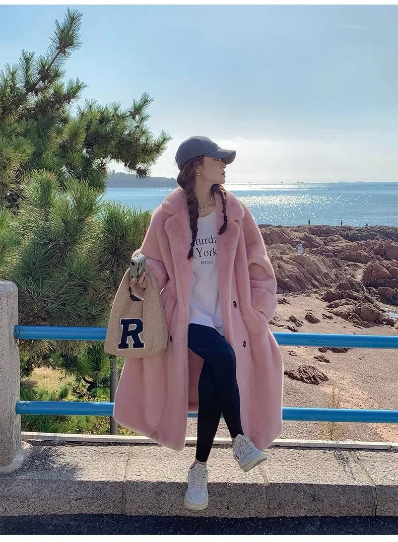 Women Winter Warm Thicken Long Fur Coat 2025 New Women Imitation Rabbit Fur Temperament Fur Coat Double-Breasted Fur Jacket