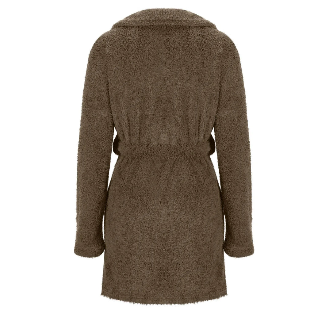 Women Warm Plush Hooded Bathrobe Wainter Plush Lapel Robe With Pockets Female Pajamas Robe Long Home Clothes Lingeries For Woman