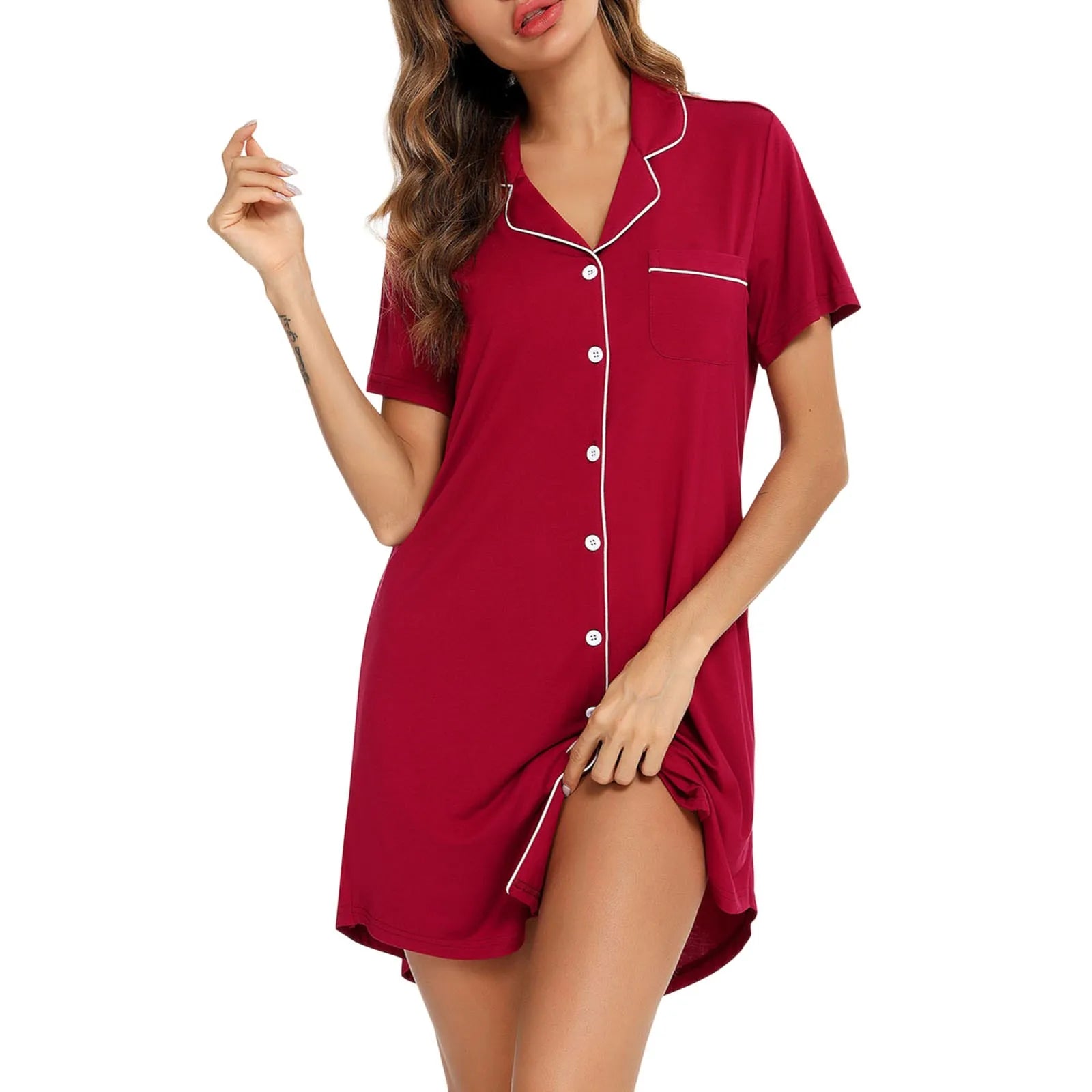Pajama Nightgown For Women Short Sleeve Button Down Nightwear Top Sleep Shirts Solid Women'S Nightdress Ladies Sleepwear Home