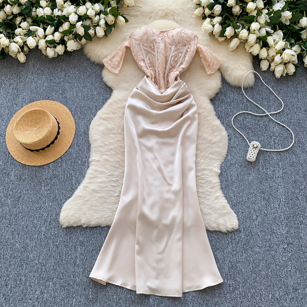 Women Chic satin Spliced mesh slash neck Sexy French Fashion Summer evening dress mermaid dress