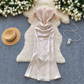 Women Chic satin Spliced mesh slash neck Sexy French Fashion Summer evening dress mermaid dress