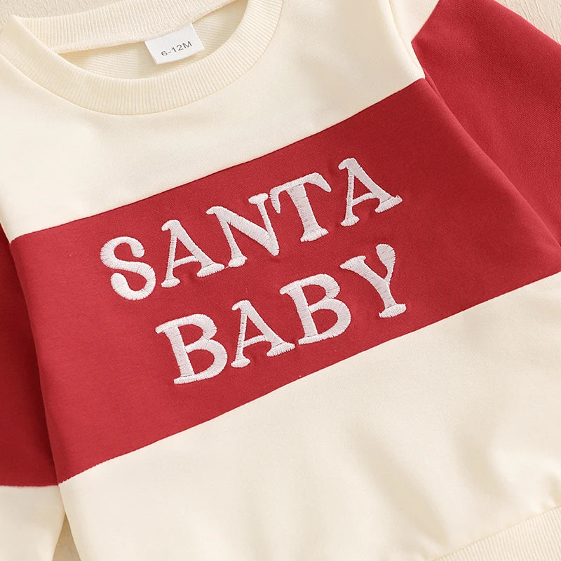 Toddler Baby Boy Christmas Outfit Letter Embroidery Contrast Color Long Sleeve Sweatshirt and Elastic Pants Clothes