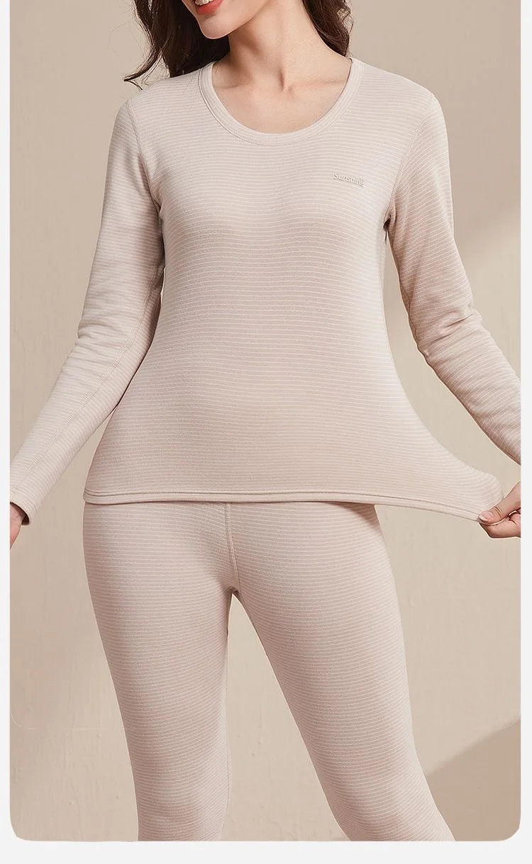 New Autumn/Winter Cashmere and Silk Round-Neck Thermal Set Striped Thermal Underwear for Men and Women Base Layer Undergarments