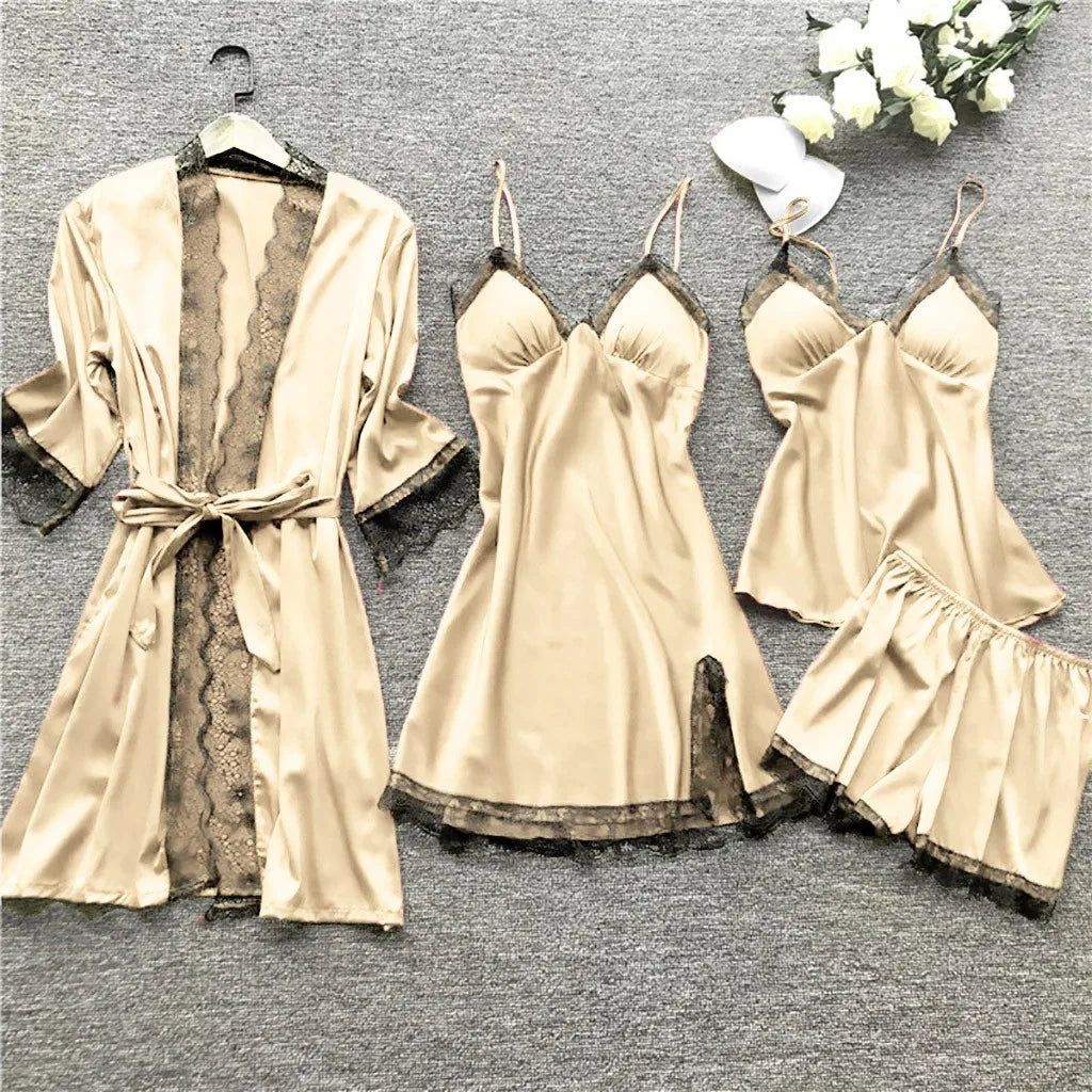 Large Size 4 Piece Women Pajama Sets Sexy Lace Embroidery Robe With Nightdress Outfits Loungewear Satin Silky Pyjama Sets