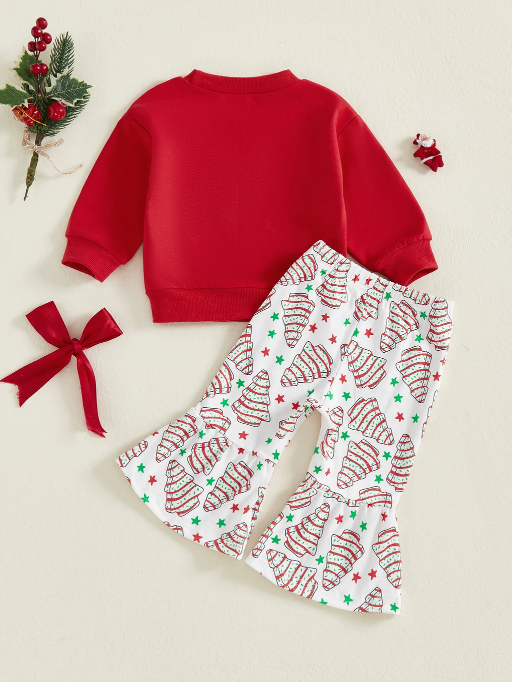 Lioraitiin Toddler Little Girl Christmas Outfit Bow Tree Applique Crewneck Sweatshirt and Flare Pants 2 Piece Winter Fall Set