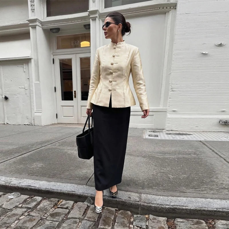 Vintage Stand Collar Velvet Frog Button Blazer Women Solid Long Sleeve Slim Cropped Jackets 2026 Spring Lady Fashion Outwear New