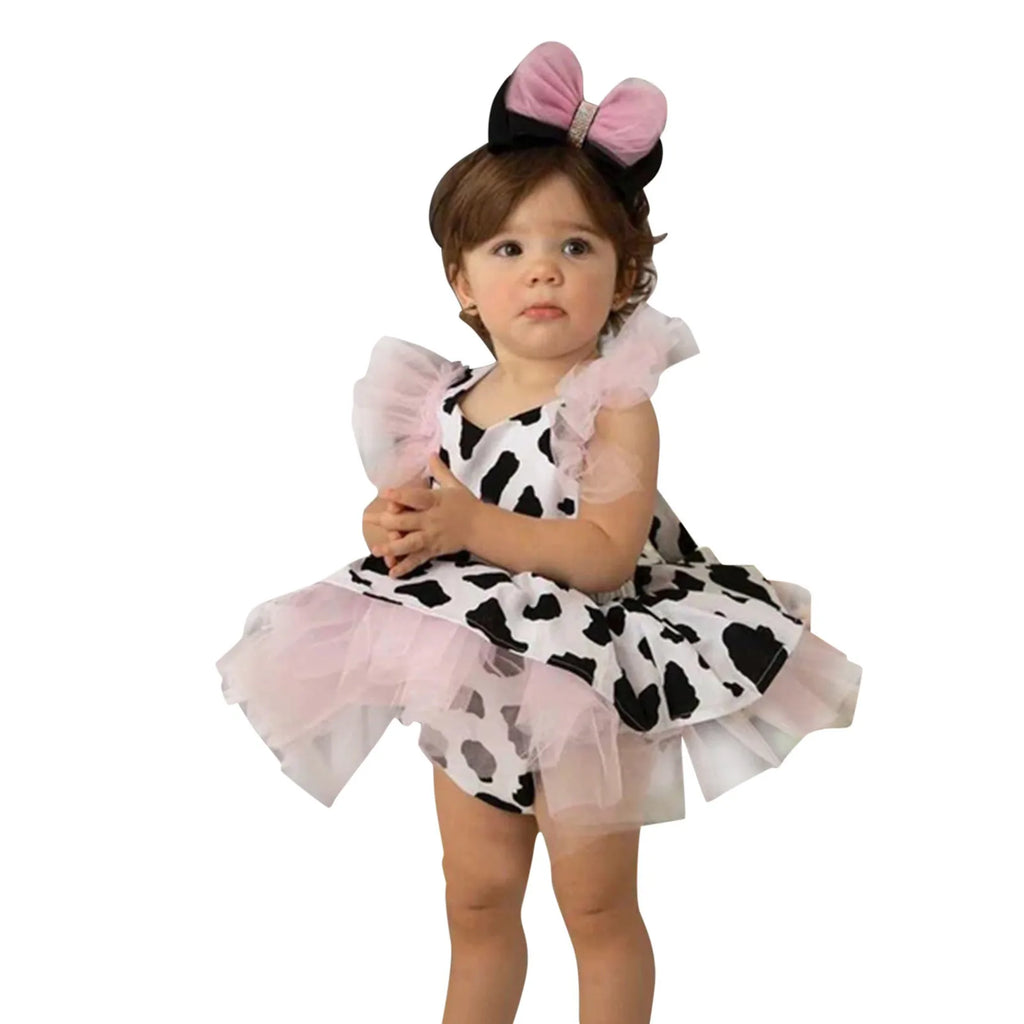 Toddler Baby Girls Romper Dress Infant Fashion Cute Cow Printed Tulle Clothes Newborn Sleeveless 3 6 Month Jumpsuit For Summer