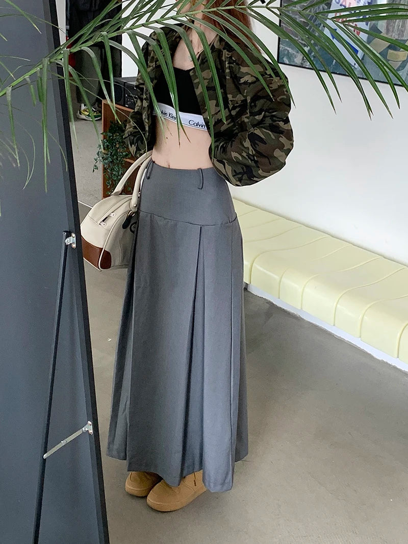 Qiukichonson Grey Midi Long Skirts Womens Trousers Skirt 2022 Autumn Winter Goth Lolita High Waist Asymmetrical Pleated Skirts