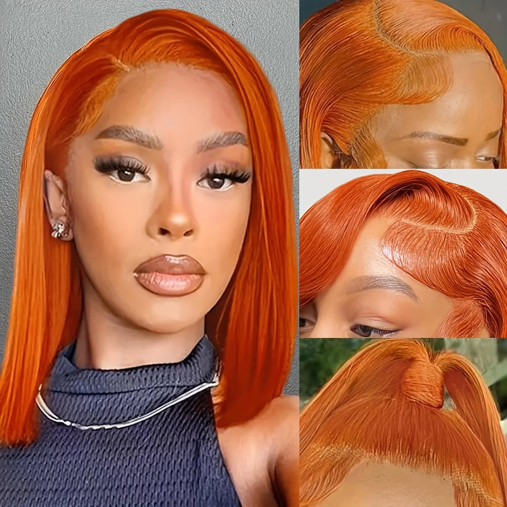 Ginger Bob Wig real Hair 13x4 high definition lace forehead, Orange Bob Wig Straight Hair