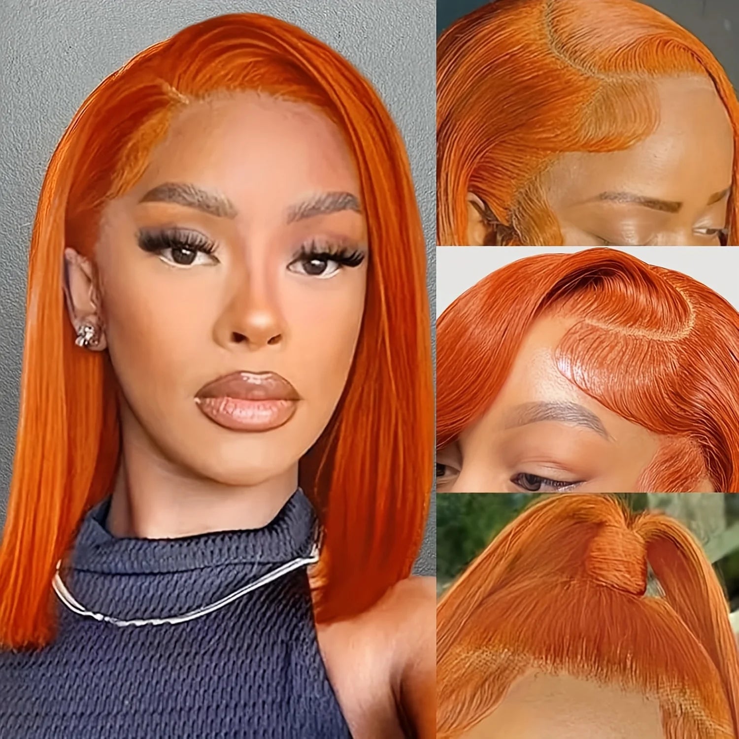 Ginger Bob Wig real Hair 13x4 high definition lace forehead, Orange Bob Wig Straight Hair