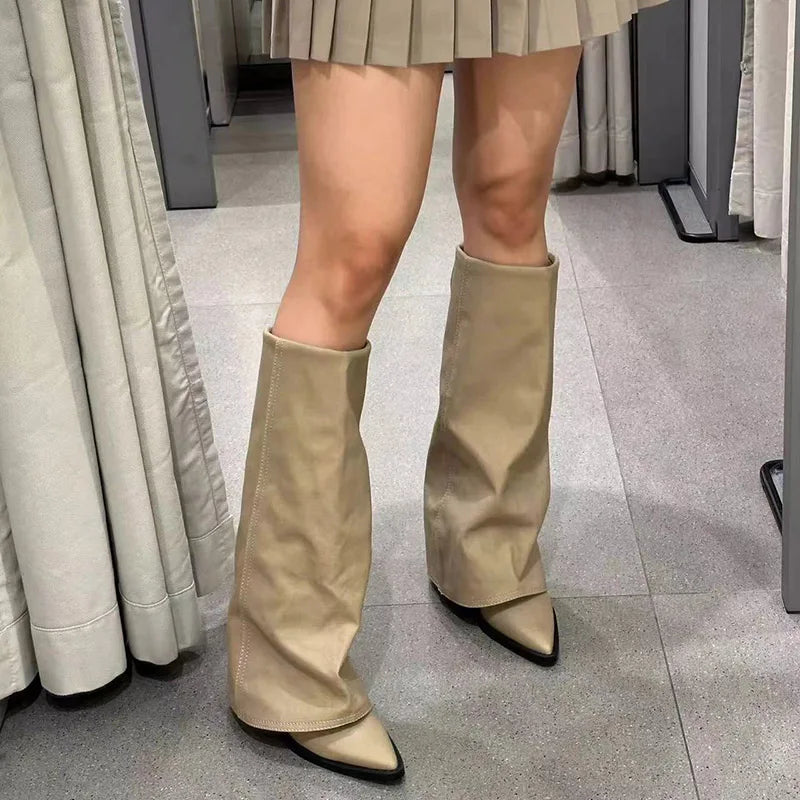 Women Pointed Toe High Boots Fashion Sexy Mid Heels Shoes Woman Chunky Trend Chelsea Boots Pumps Elegant Mujer Snow Goth Botas