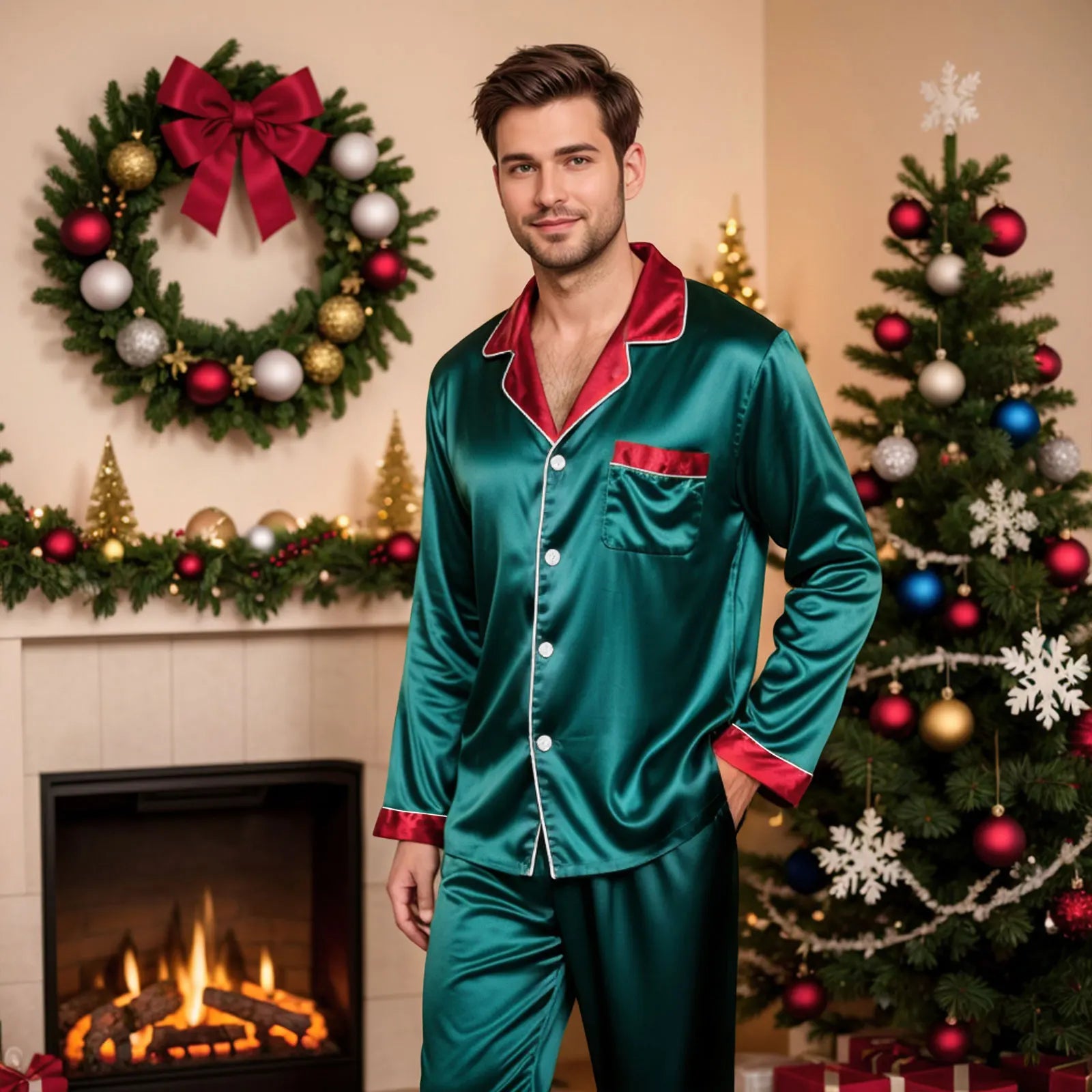 Silk Satin Christmas Family Pajamas Matching Sets Plus Size Lapel Long Sleeve Shirts And Pants Soft Silk Sleepwear Mom Dad Xmas