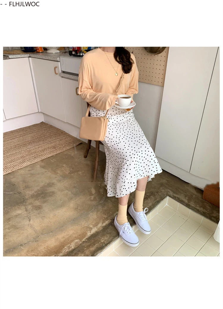 2024 Summer Skirt Long Hot Sales Women Black White Dot Preppy Style Girls Korean Design High Waist Black Skirt 3024