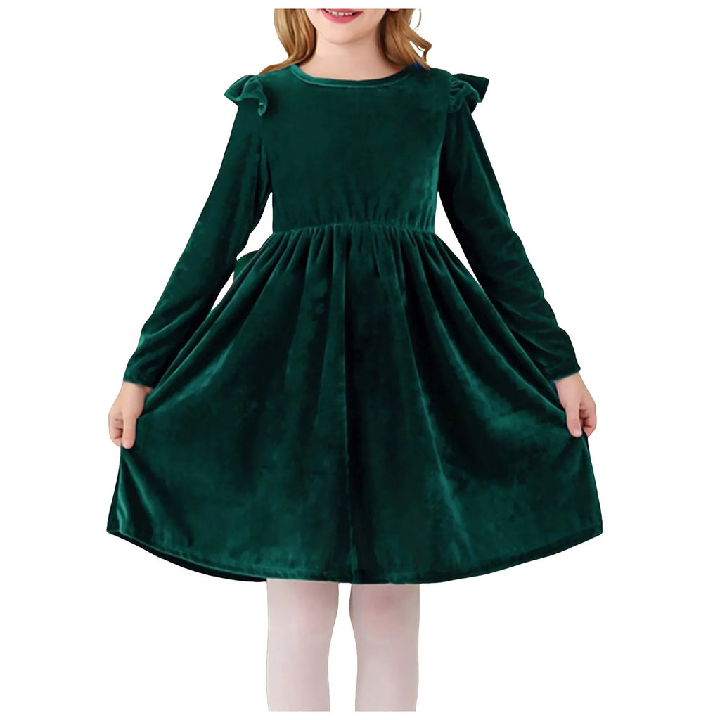 Girls Casual Velvet Dress Ruffled Long Sleeve Spring Fall Dress Evening Party Dress Winter Frilly Dresses For Little Girls