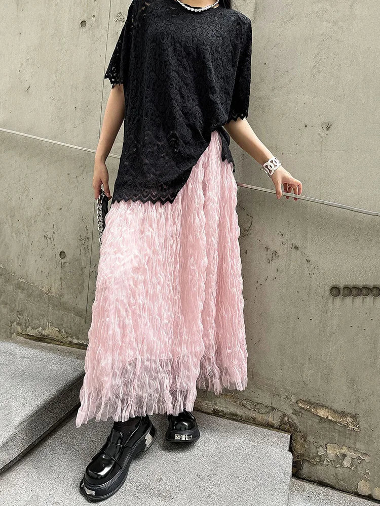 [EAM] High Elastic Waist Black Pleated Mesh Casual A-line Half-body Skirt Women Fashion Tide New Spring Autumn 2026  1DH5148