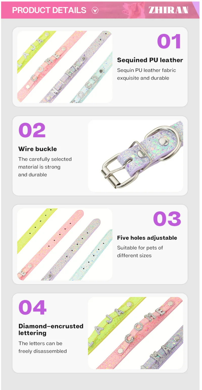 Rhinestone DIY Letter Customizable Pet Collar – Adjustable Leather Cat Necklace & Dog Collar with Bright Glitter Pet Accessories