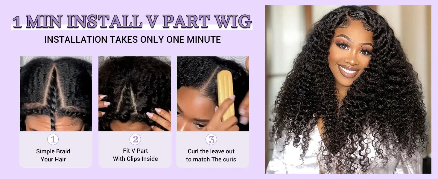 Curly U V Part Wig Human Hair 180% Density No Leave Out No Glue 30 36 Inch Deep Curly Wave U Part Human Hair Wig for Women