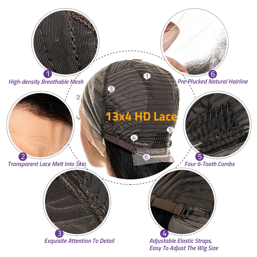 13x6 13x4 HD Transparent Bone Straight Lace Frontal Wig 5x5 Glueless Lace Front Human Hair Wigs 220 Density for Women 30 40 Inch