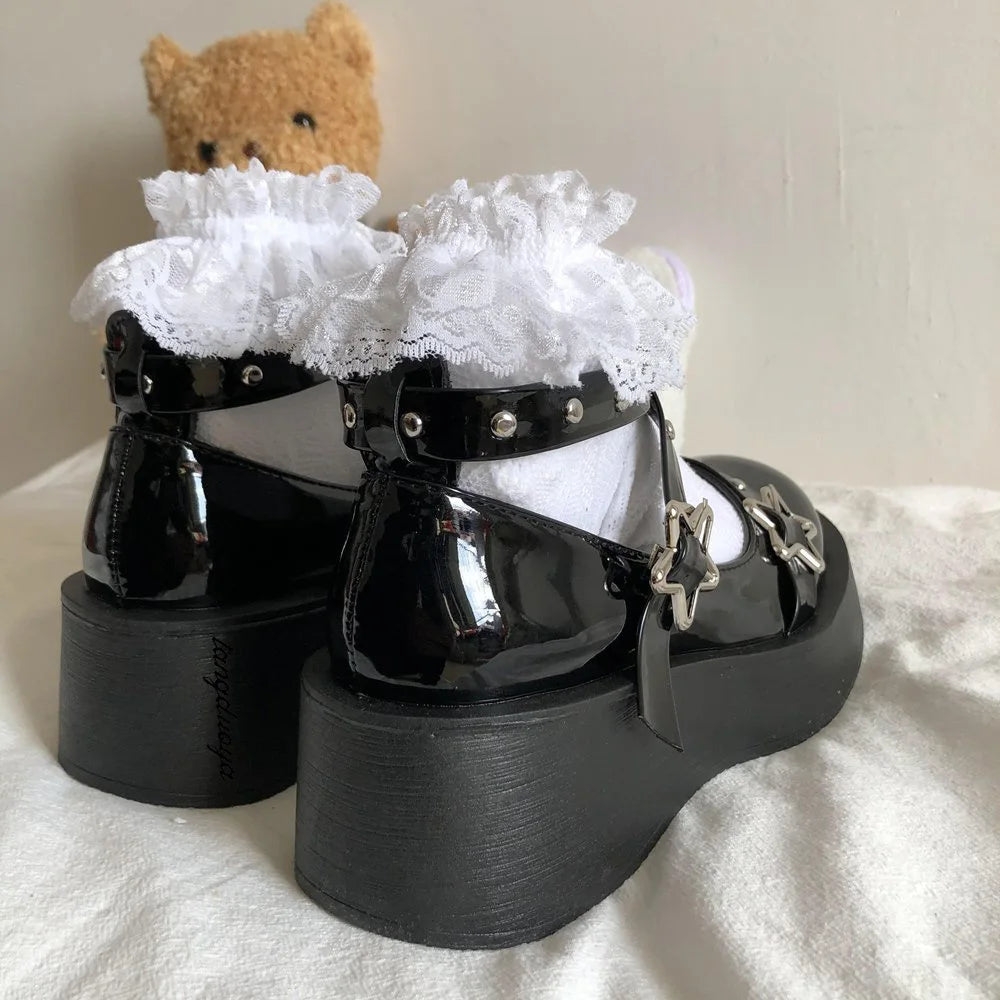 Women heels Lolita shoes platform mary jane Shoes Star Buckle Strap Mary Janes Women Cross-tied Girls Rivet Casual Shoes kawaii