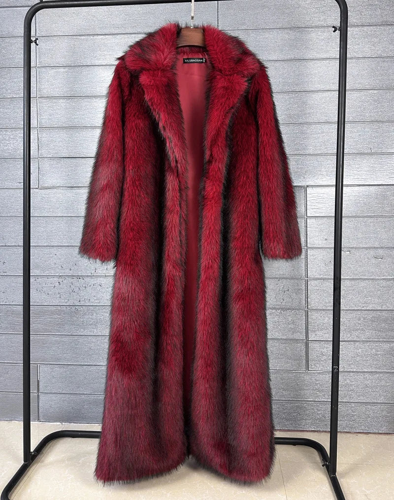 DEAT 2025 winter new fashion high quality Fox Faux Fur long Coat for Women Suit Collar solid color thick warm jacket 11A06914